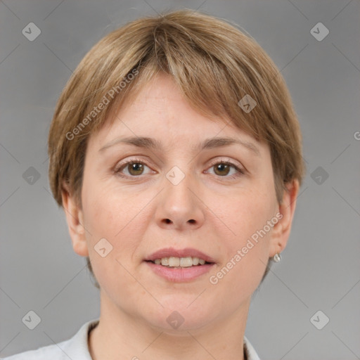 Joyful white adult female with medium  brown hair and grey eyes