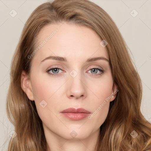 Neutral white young-adult female with long  brown hair and grey eyes