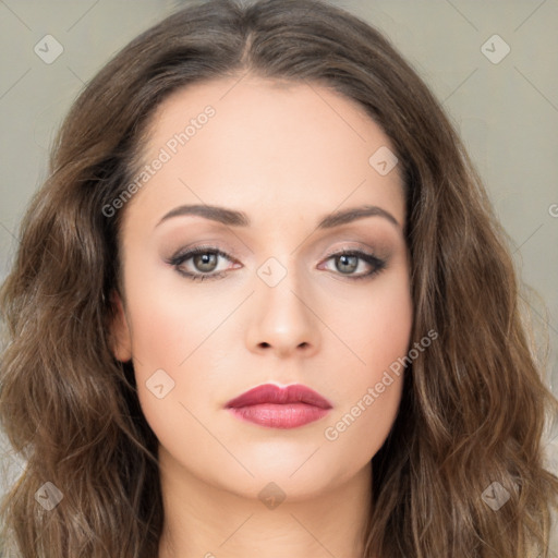 Neutral white young-adult female with long  brown hair and brown eyes