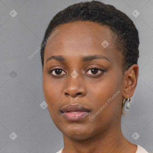 Neutral black young-adult female with short  black hair and brown eyes