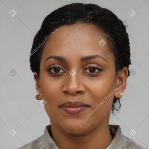 Joyful latino young-adult female with short  black hair and brown eyes