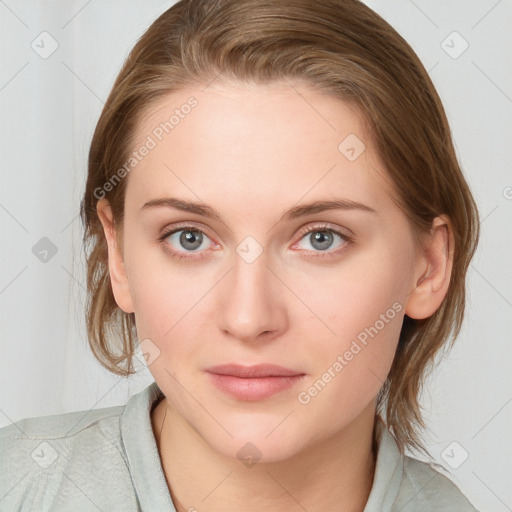 Neutral white young-adult female with medium  brown hair and blue eyes