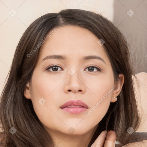 Neutral white young-adult female with medium  brown hair and brown eyes