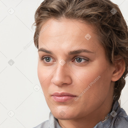 Neutral white young-adult female with short  brown hair and brown eyes