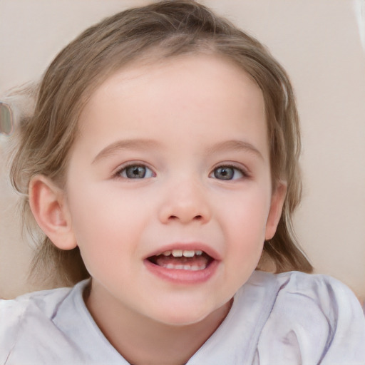 Joyful white child female with medium  brown hair and blue eyes