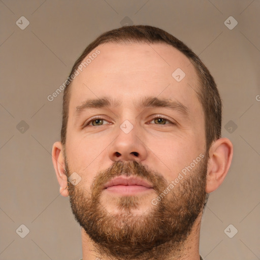 Neutral white young-adult male with short  brown hair and brown eyes