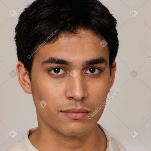 Neutral latino young-adult male with short  brown hair and brown eyes