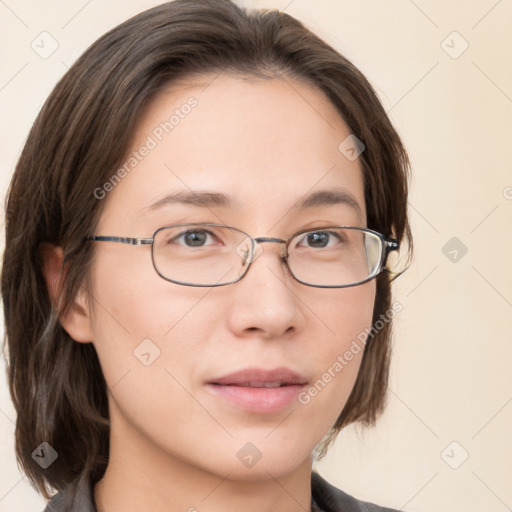 Neutral white young-adult female with medium  brown hair and brown eyes