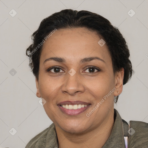 Joyful white adult female with short  brown hair and brown eyes