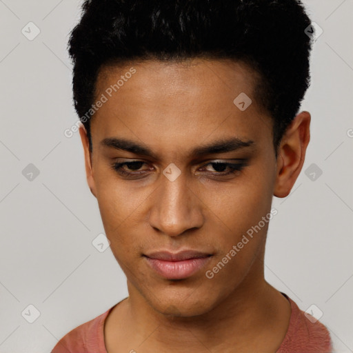 Neutral latino young-adult male with short  black hair and brown eyes