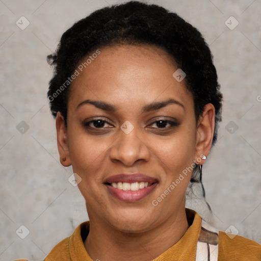 Joyful black young-adult female with short  black hair and brown eyes