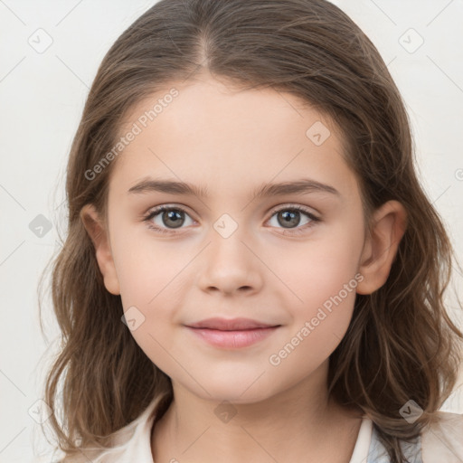 Joyful white child female with medium  brown hair and brown eyes