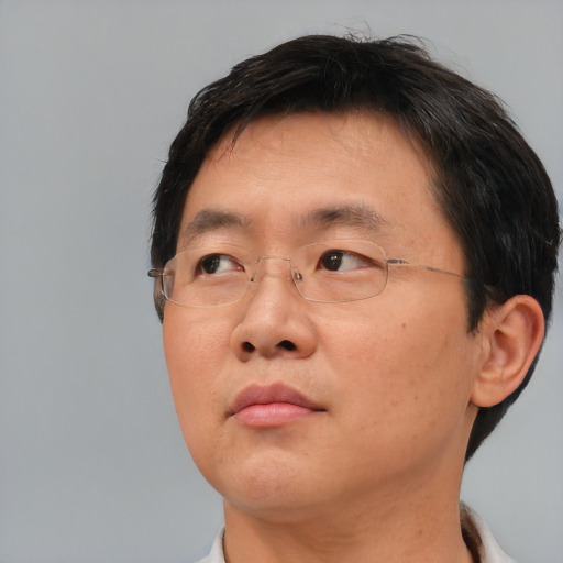 Neutral asian adult male with short  brown hair and brown eyes