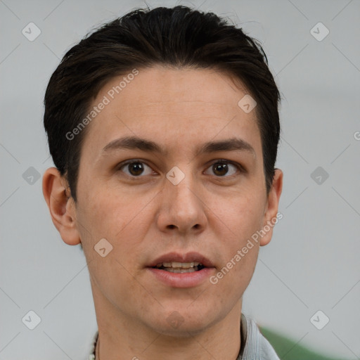 Joyful white adult male with short  brown hair and brown eyes