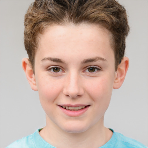 Joyful white child female with short  brown hair and brown eyes