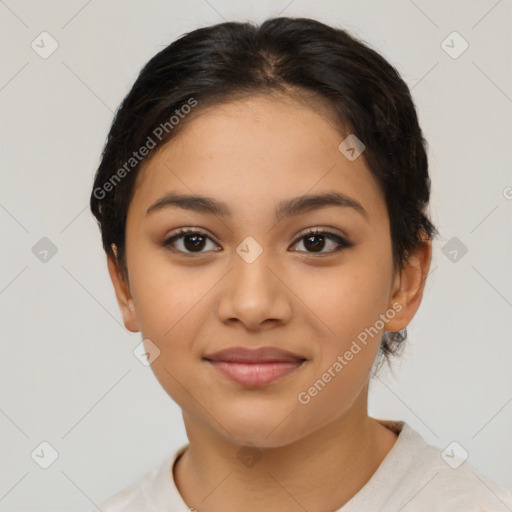 Joyful latino young-adult female with short  brown hair and brown eyes