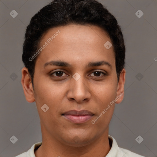 Joyful latino young-adult female with short  brown hair and brown eyes