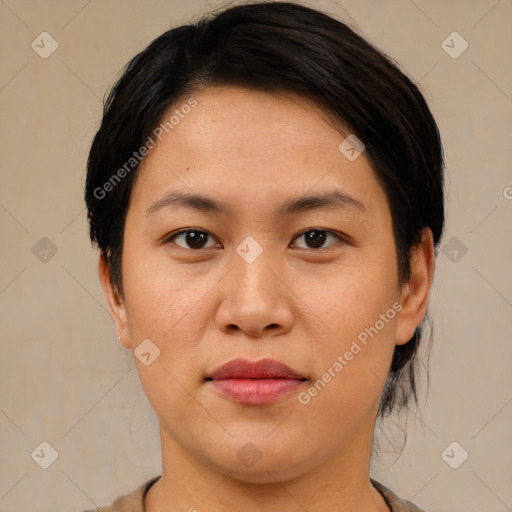 Joyful asian young-adult female with short  brown hair and brown eyes