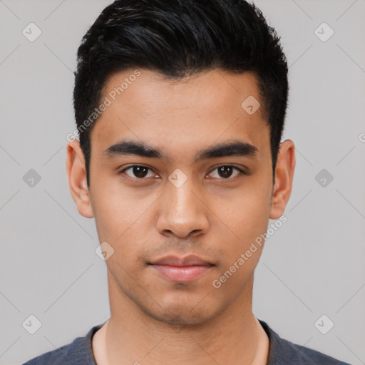 Neutral latino young-adult male with short  black hair and brown eyes