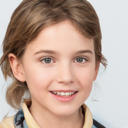 Joyful white child female with medium  brown hair and grey eyes