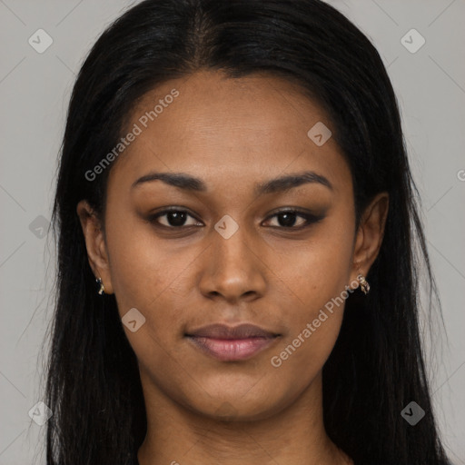 Joyful black young-adult female with long  brown hair and brown eyes