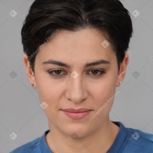 Joyful white young-adult female with short  brown hair and brown eyes