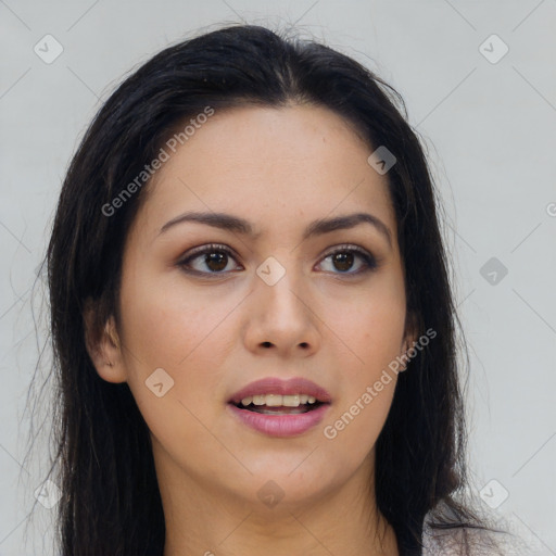 Joyful asian young-adult female with long  brown hair and brown eyes