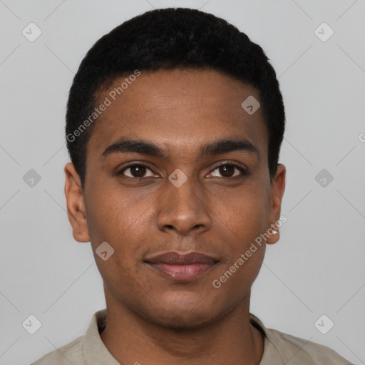 Neutral black young-adult male with short  black hair and brown eyes