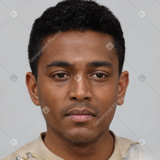 Neutral black young-adult male with short  black hair and brown eyes
