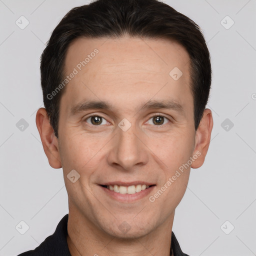 Joyful white young-adult male with short  brown hair and brown eyes