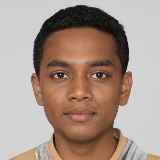 Neutral black young-adult male with short  black hair and brown eyes