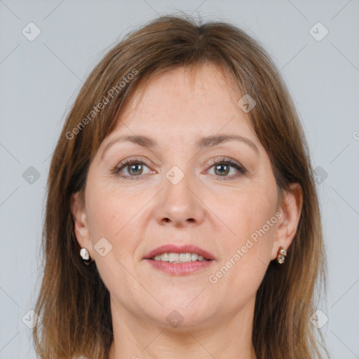 Joyful white adult female with medium  brown hair and brown eyes