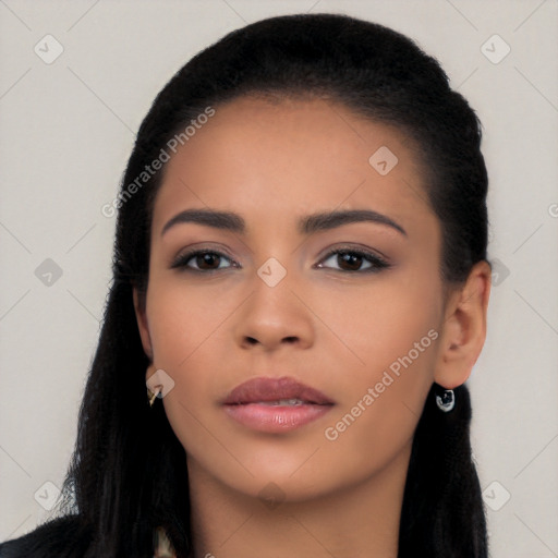 Neutral latino young-adult female with long  black hair and brown eyes