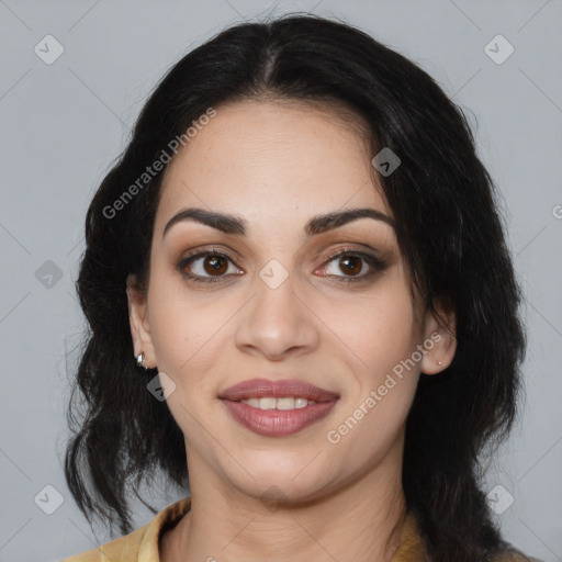 Joyful latino young-adult female with medium  black hair and brown eyes