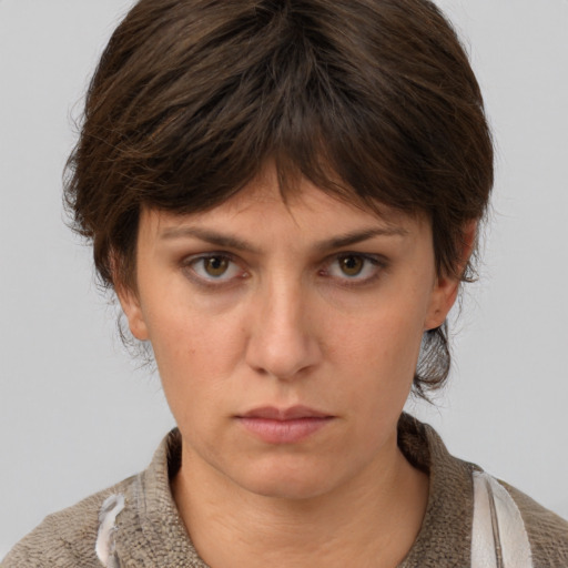 Neutral white young-adult female with short  brown hair and brown eyes