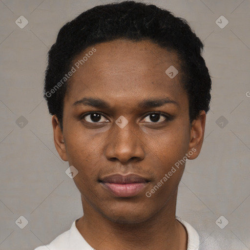 Neutral black young-adult male with short  black hair and brown eyes