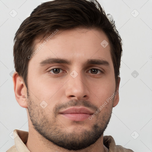 Neutral white young-adult male with short  brown hair and brown eyes