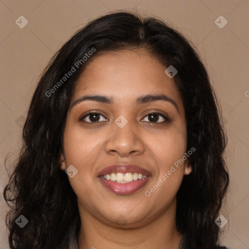 Joyful latino young-adult female with long  brown hair and brown eyes