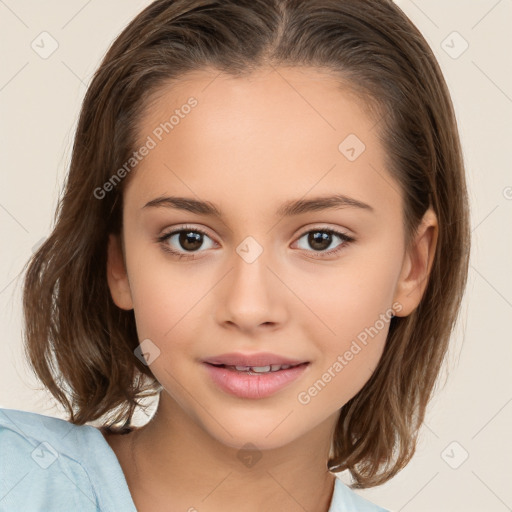 Joyful white child female with medium  brown hair and brown eyes