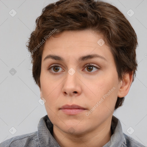 Neutral white young-adult female with short  brown hair and brown eyes