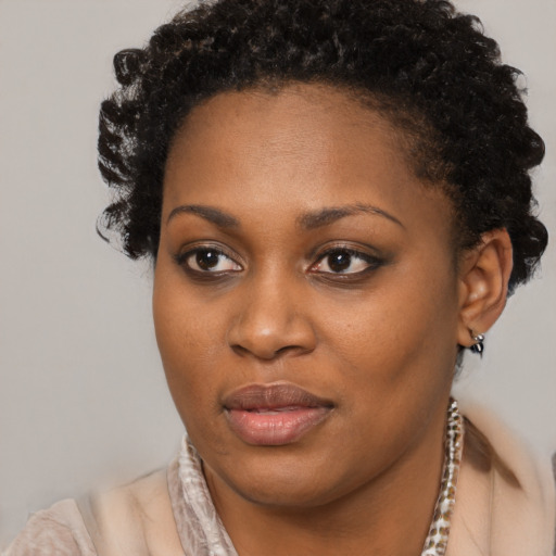 Joyful black young-adult female with short  brown hair and brown eyes