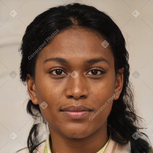 Joyful black young-adult female with medium  brown hair and brown eyes