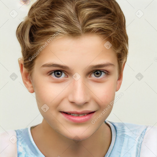 Joyful white child female with short  brown hair and brown eyes