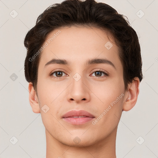 Neutral white young-adult male with short  brown hair and brown eyes