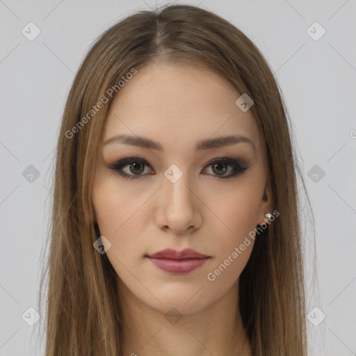 Neutral white young-adult female with long  brown hair and brown eyes