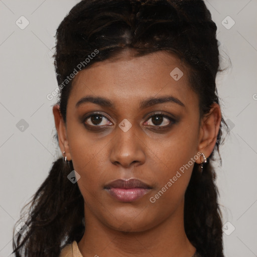 Neutral black young-adult female with long  brown hair and brown eyes