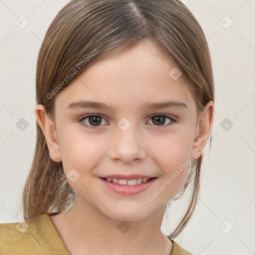 Joyful white child female with medium  brown hair and brown eyes