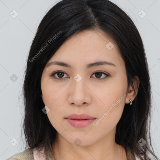 Neutral asian young-adult female with long  black hair and brown eyes