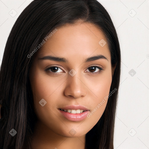 Joyful latino young-adult female with long  brown hair and brown eyes