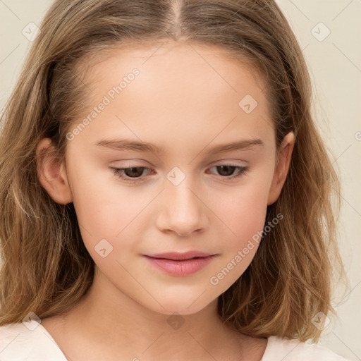 Joyful white child female with long  brown hair and brown eyes